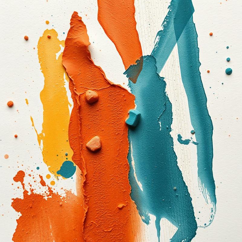 Bright abstract paint strokes in orange, yellow, and teal.